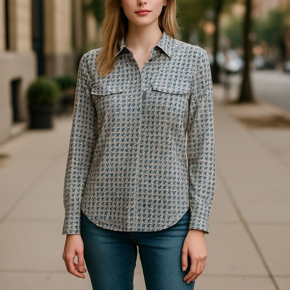 Ann Taylor Blue Patterned Long Sleeve Top